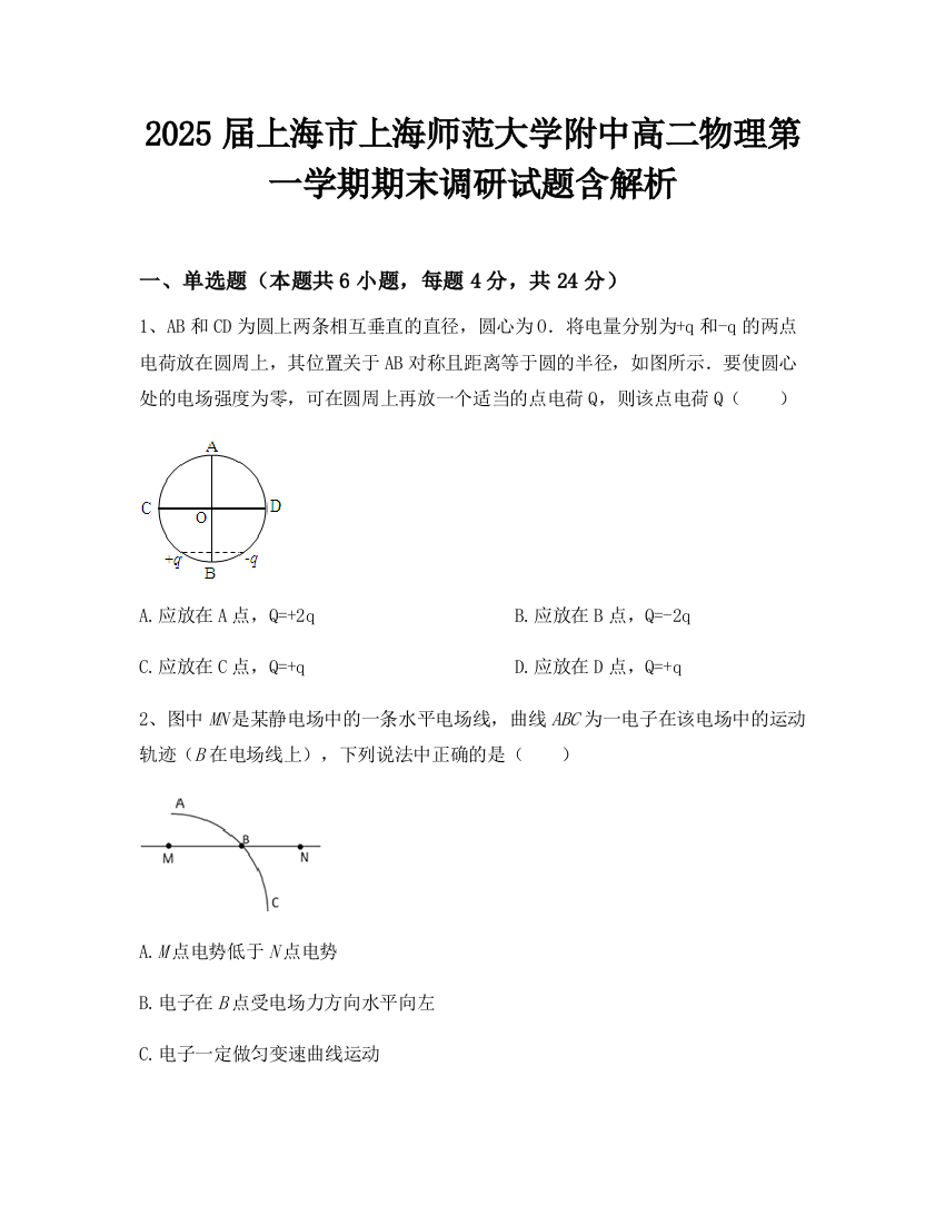 2025届上海市上海师范大学附中高二物理第一学期期末调研试题含解析