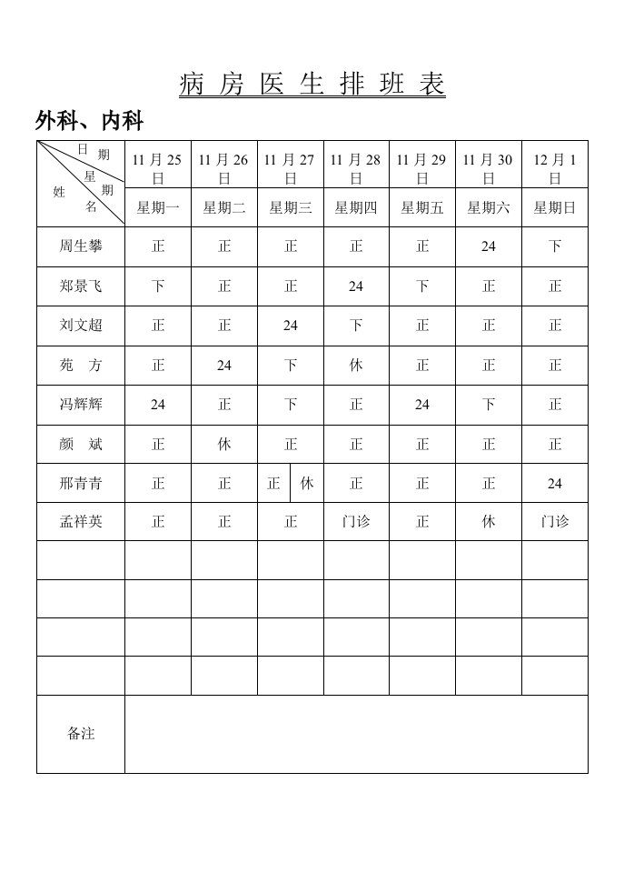 病房医生排班表