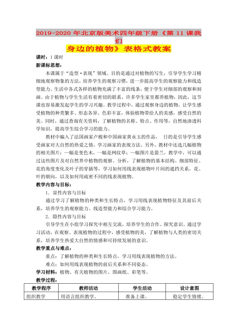 2019-2020年北京版美术四年级下册《第11课我们身边的植物》表格式教案