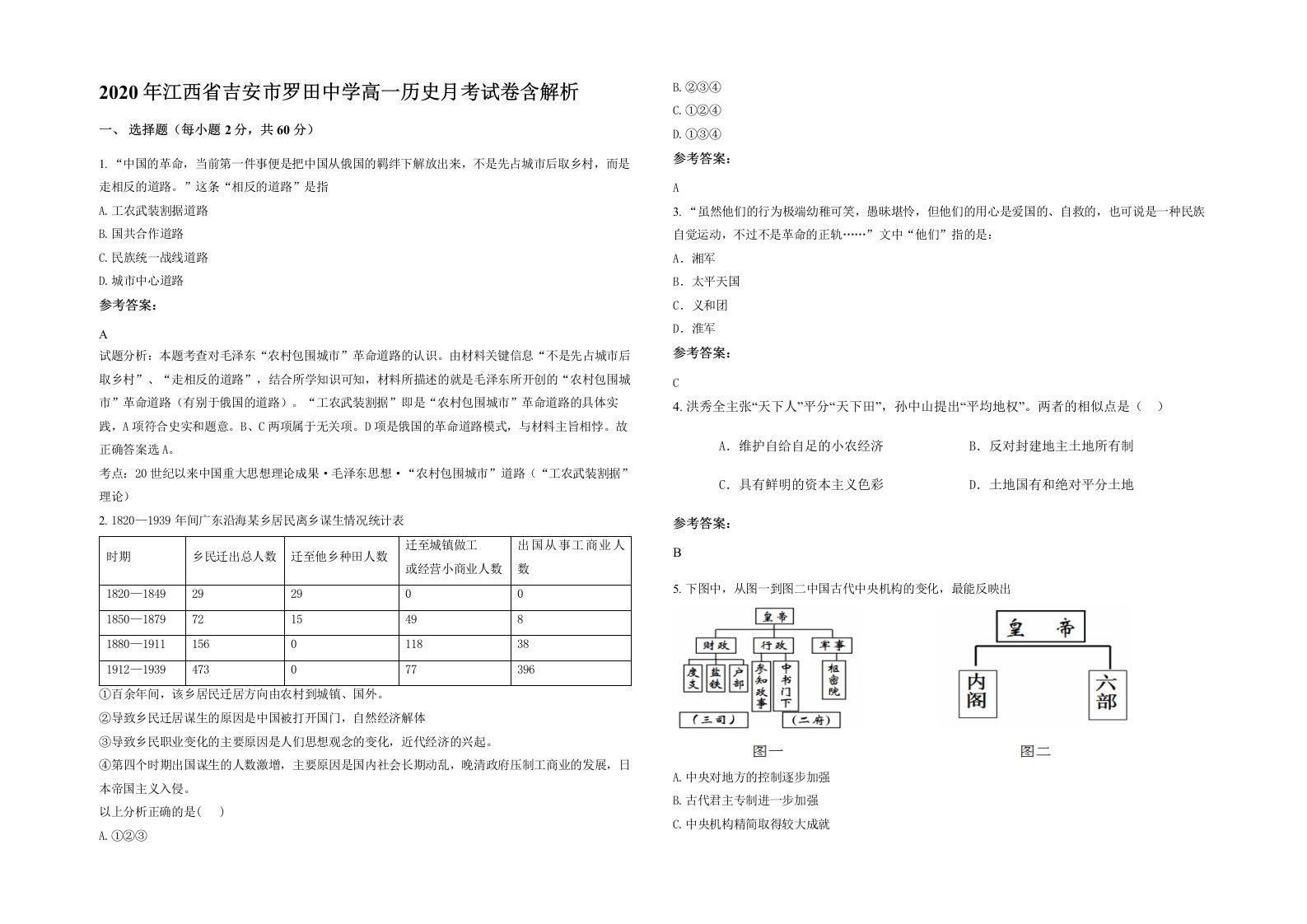 2020年江西省吉安市罗田中学高一历史月考试卷含解析