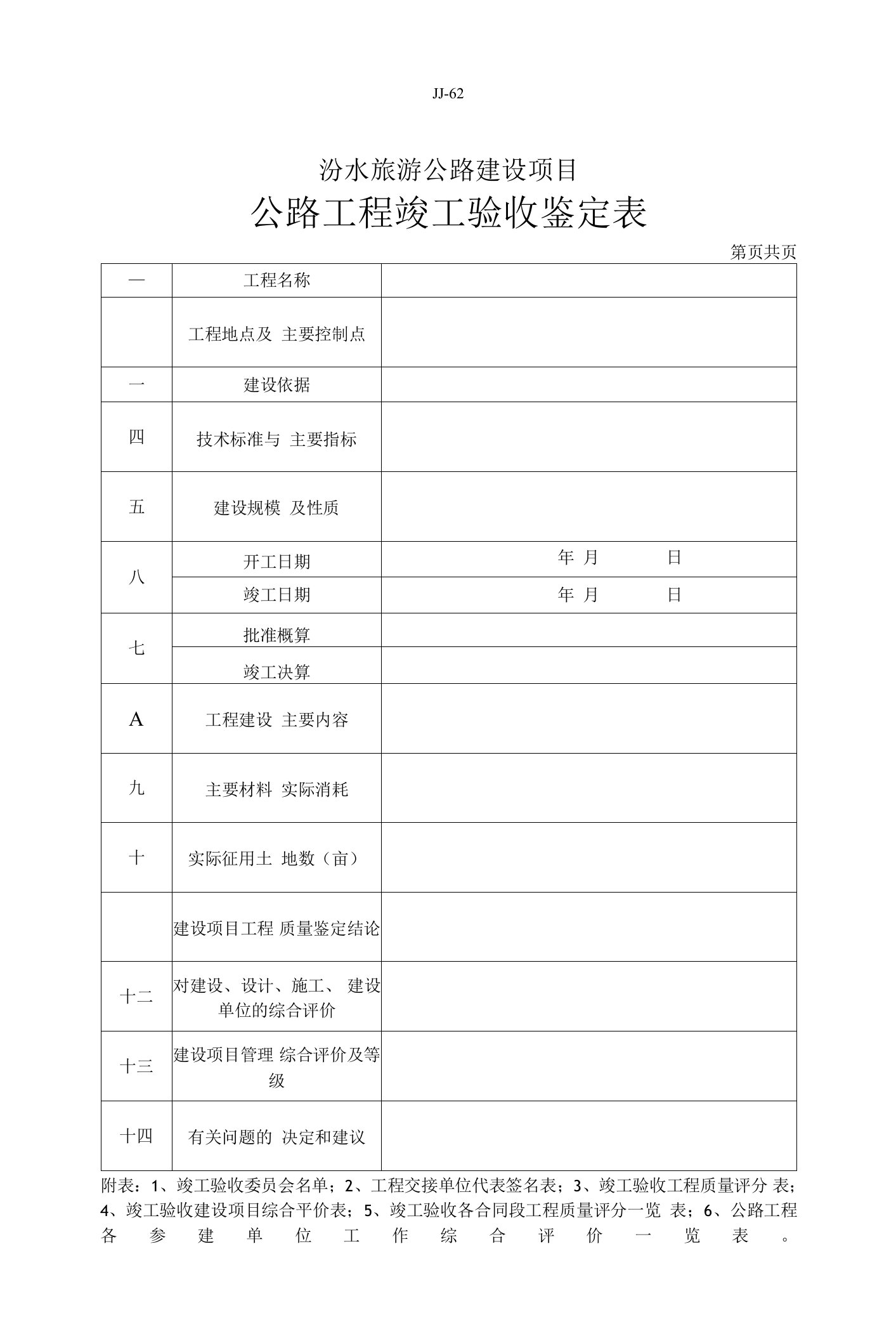 公路工程竣工验收鉴定表