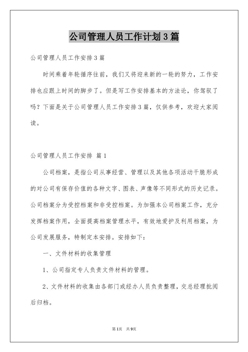 公司管理人员工作计划3篇范文