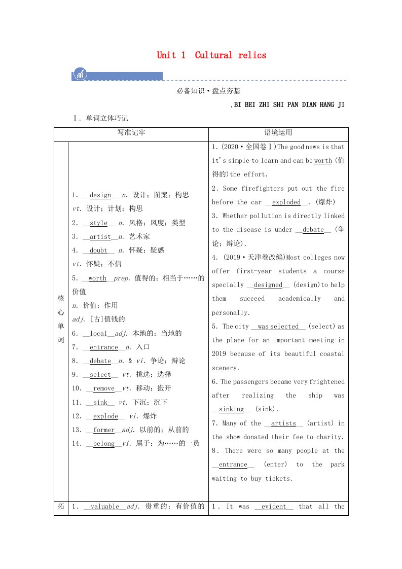 2022届高考英语一轮总复习必修二Unit1Culturalrelics学案含解析新人教版