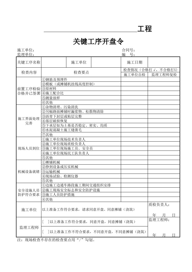 关键工序开盘令