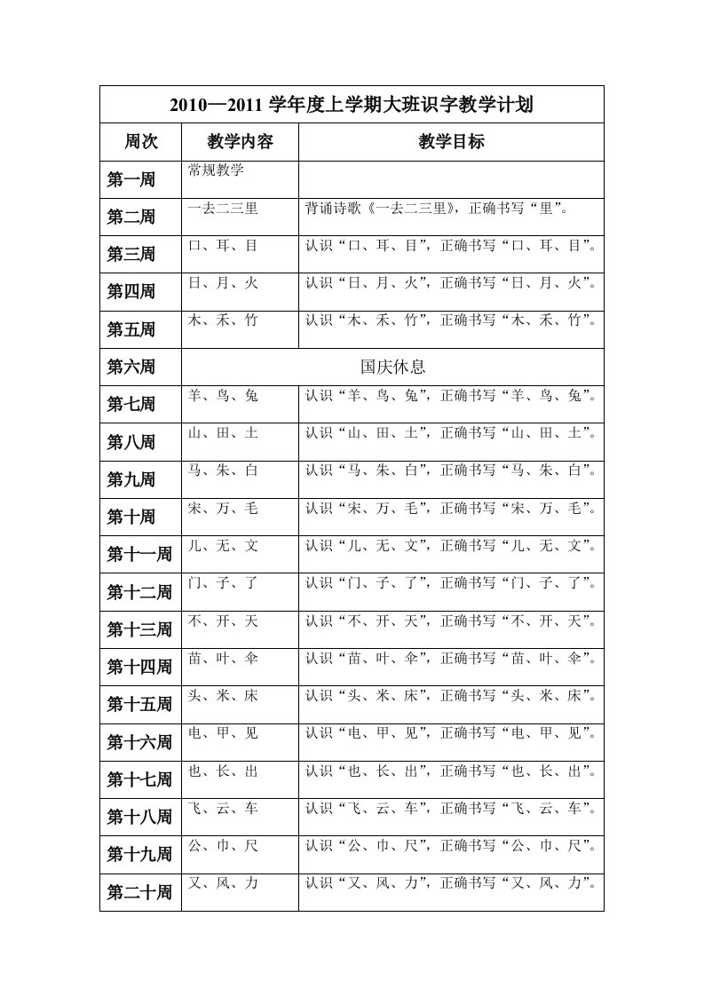 幼儿园大班识字教学计划