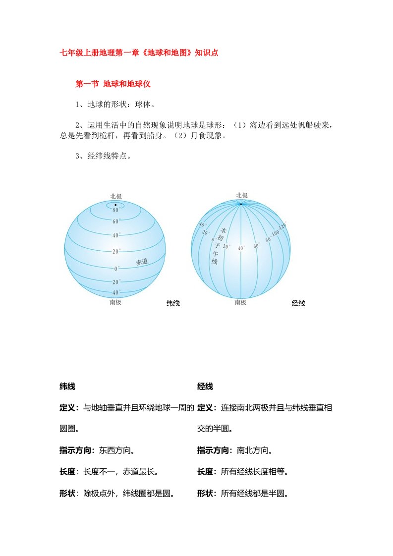 七年级上册地理第一章《地球和地图》知识点