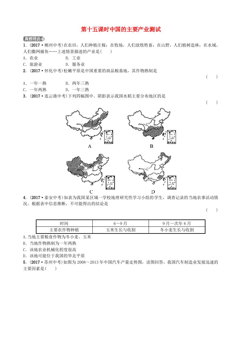 山东省潍坊市2022年中考地理一轮复习八上第四章中国的主要产业第十五课时中国的主要产业测试