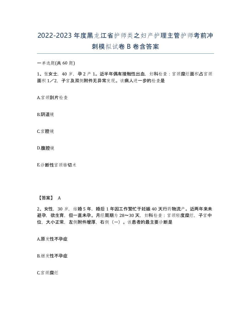 2022-2023年度黑龙江省护师类之妇产护理主管护师考前冲刺模拟试卷B卷含答案