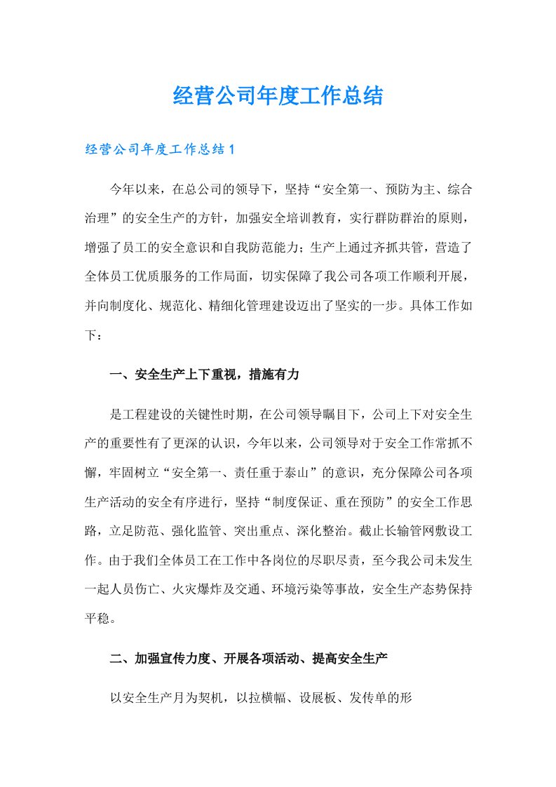 经营公司年度工作总结