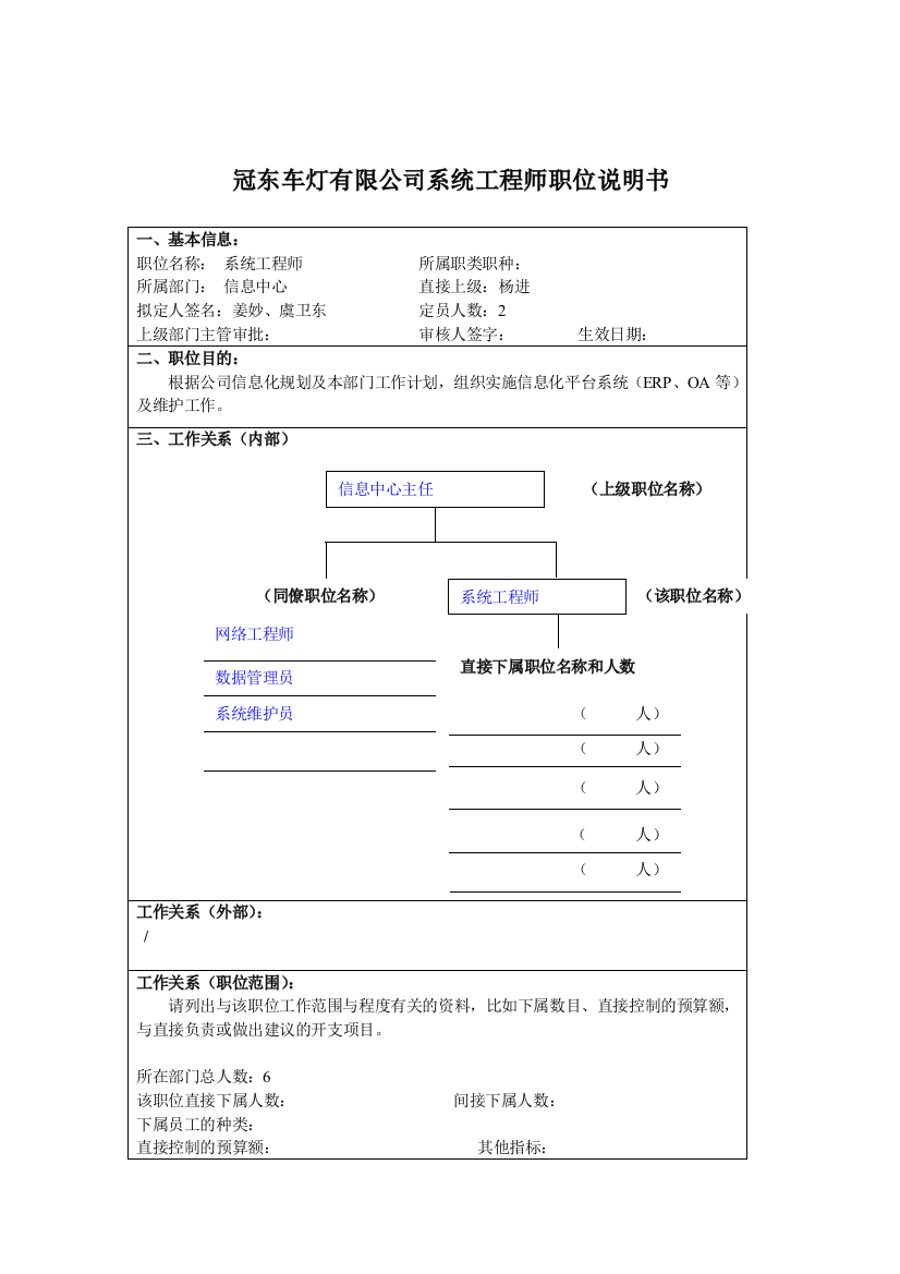 冠东车灯有限公司系统工程师职位说明书