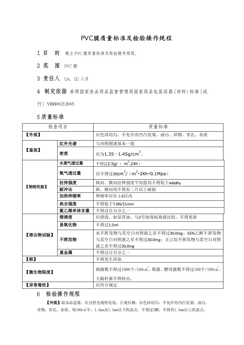 PVC膜质量标准及检验操作规程