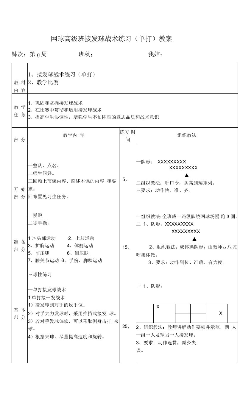 网球高级班接发球战术练习（单打）教案