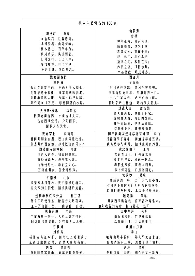 初中生必背古诗100首