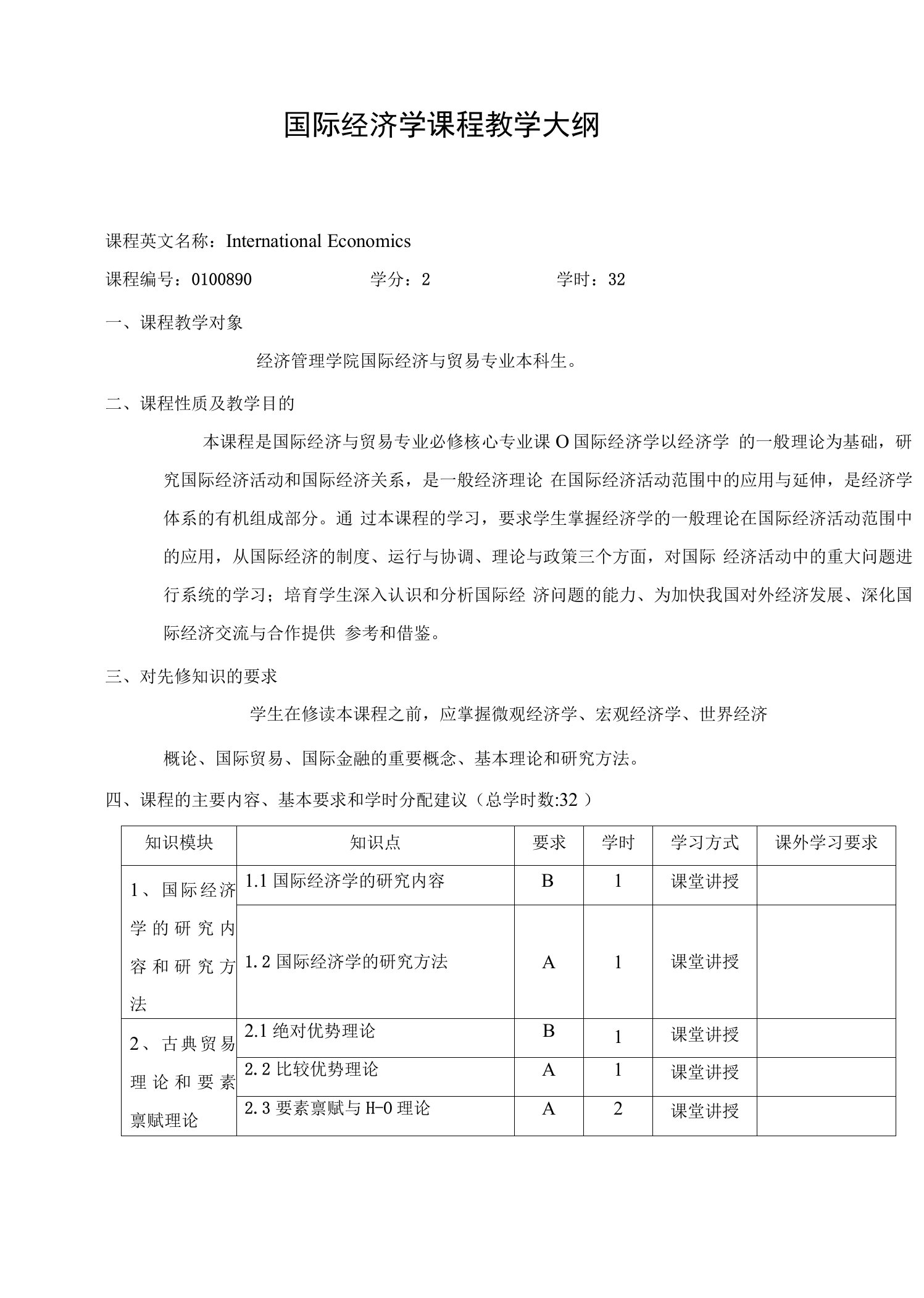 国际经济学课程教学大纲