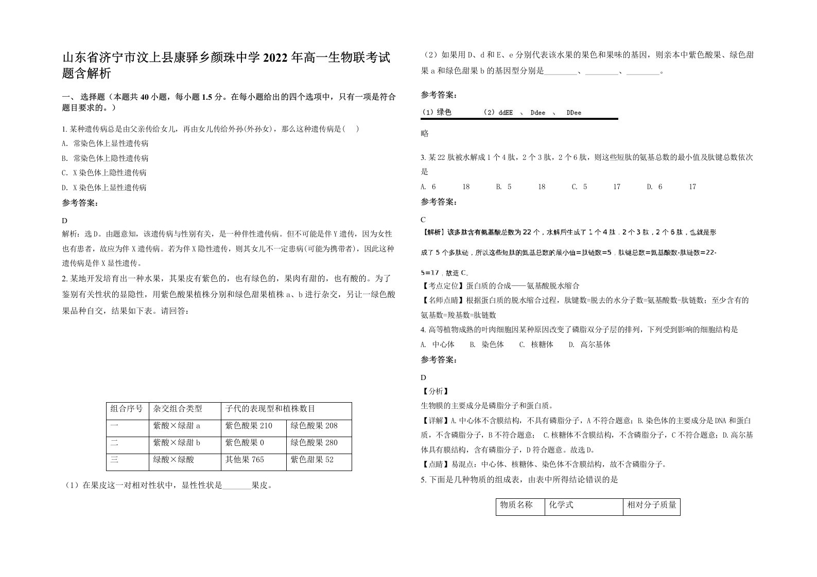 山东省济宁市汶上县康驿乡颜珠中学2022年高一生物联考试题含解析