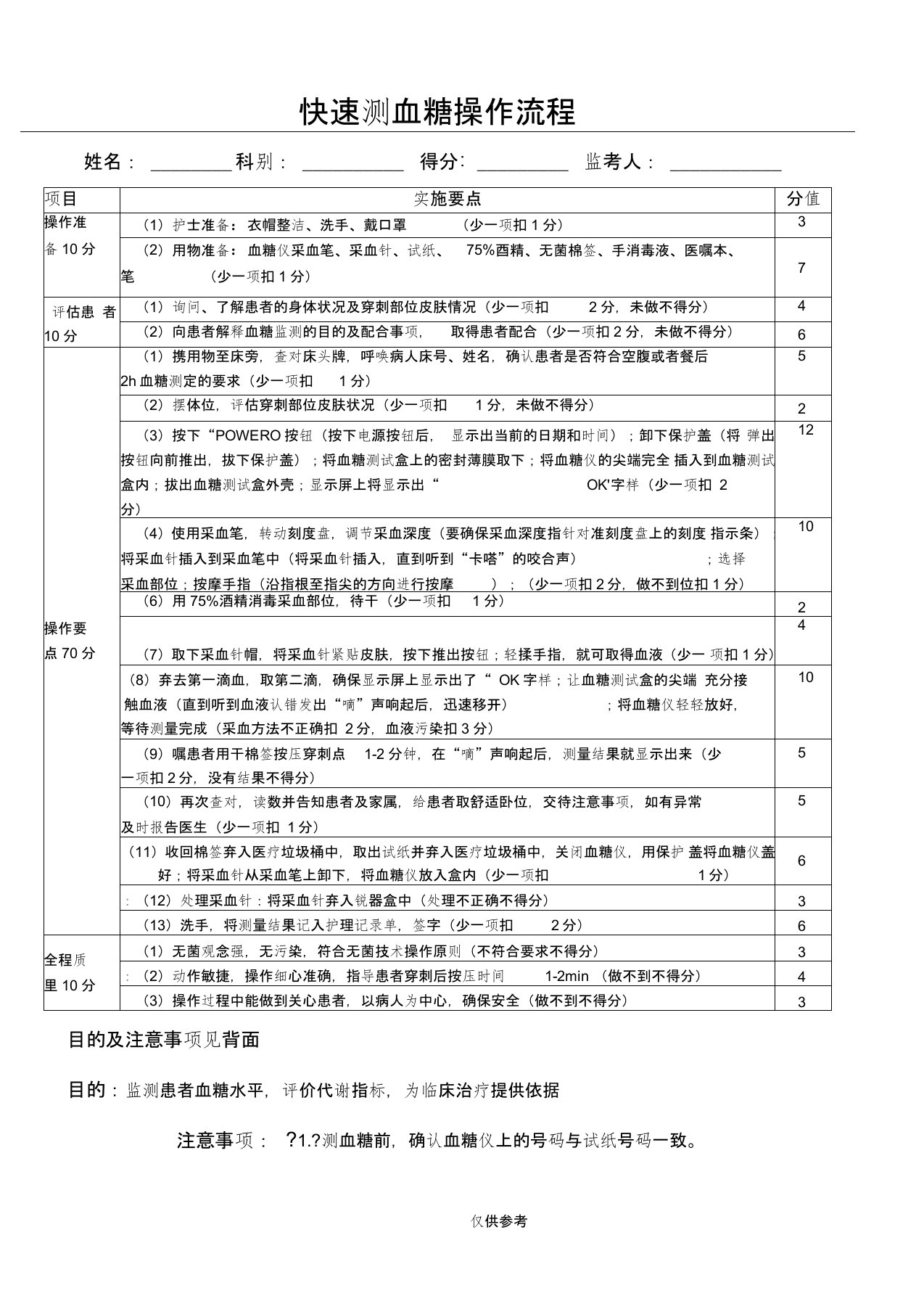 血糖监测操作程序及评分标准