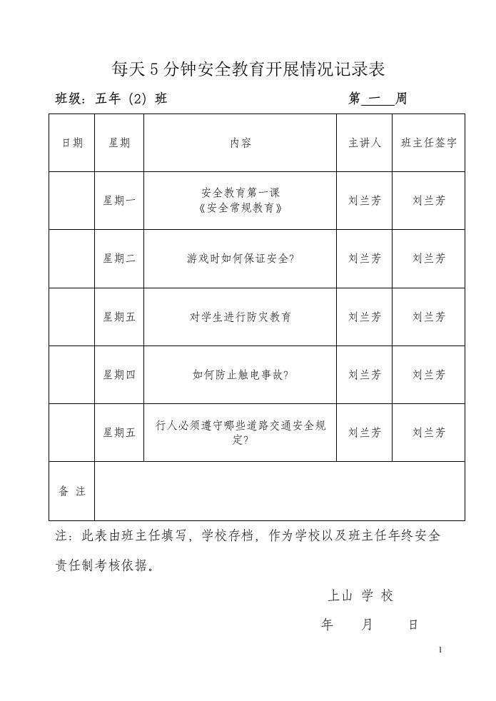 每天5分钟安全教育开展情况记录表