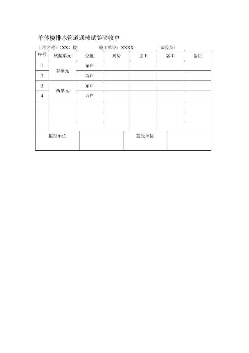 单体楼排水管道通球试验验收单