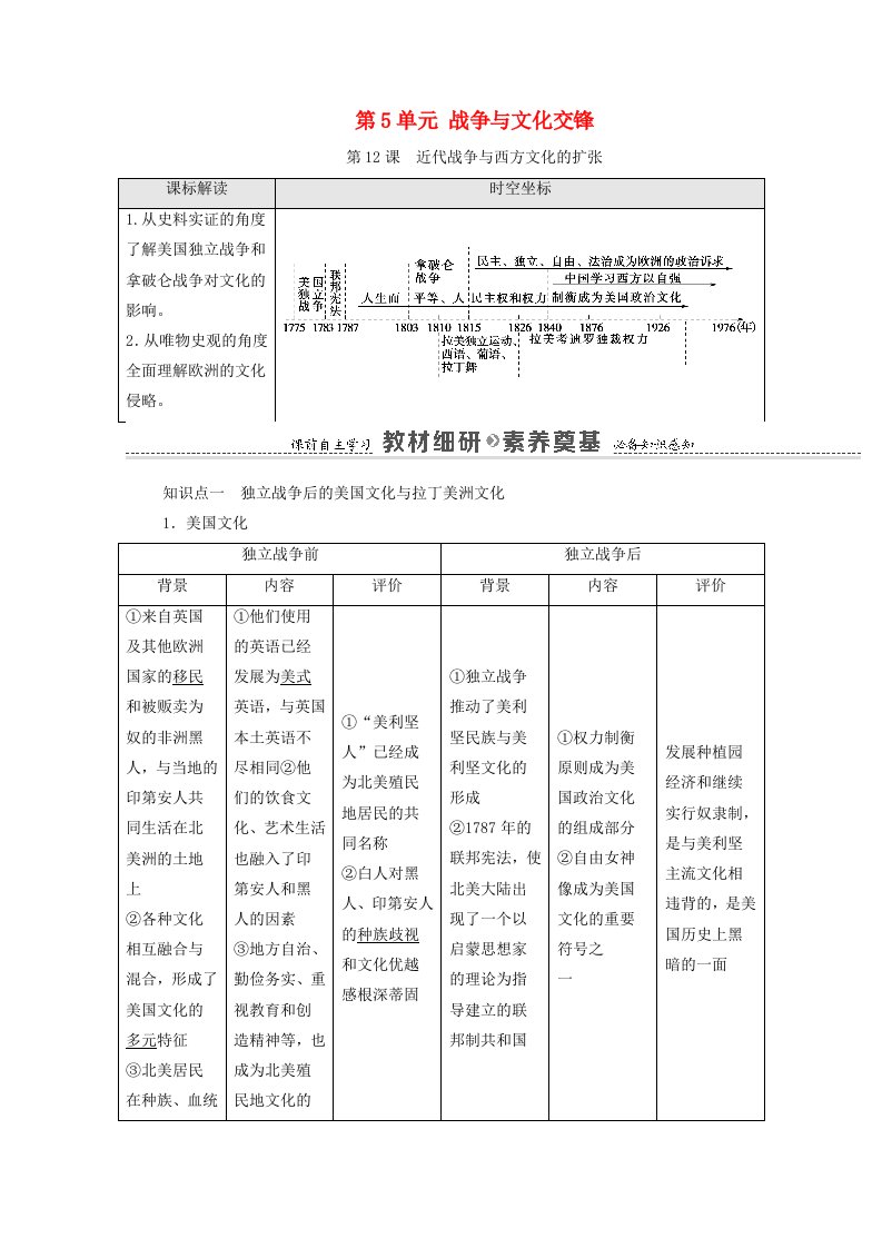 2020_2021学年新教材高中历史第5单元战争与文化交锋第12课近代战争与西方文化的扩张学案含解析新人教版选择性必修3