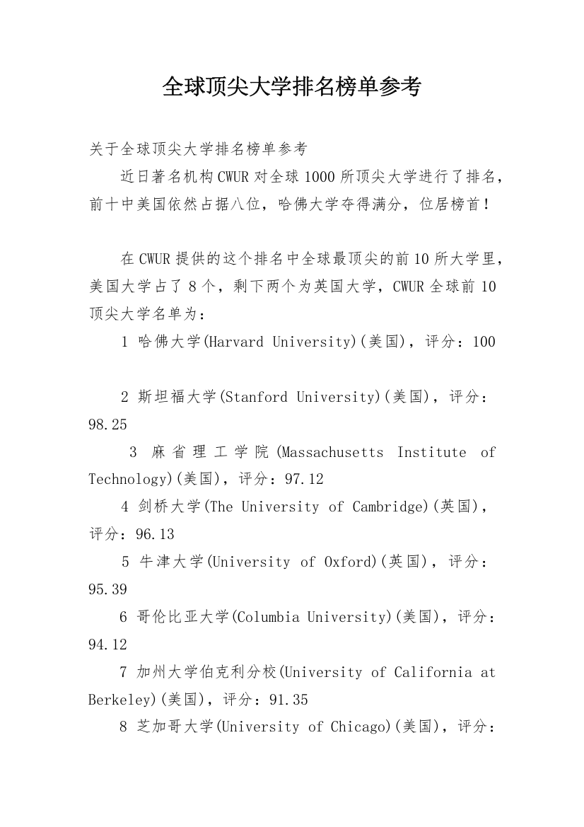 全球顶尖大学排名榜单参考