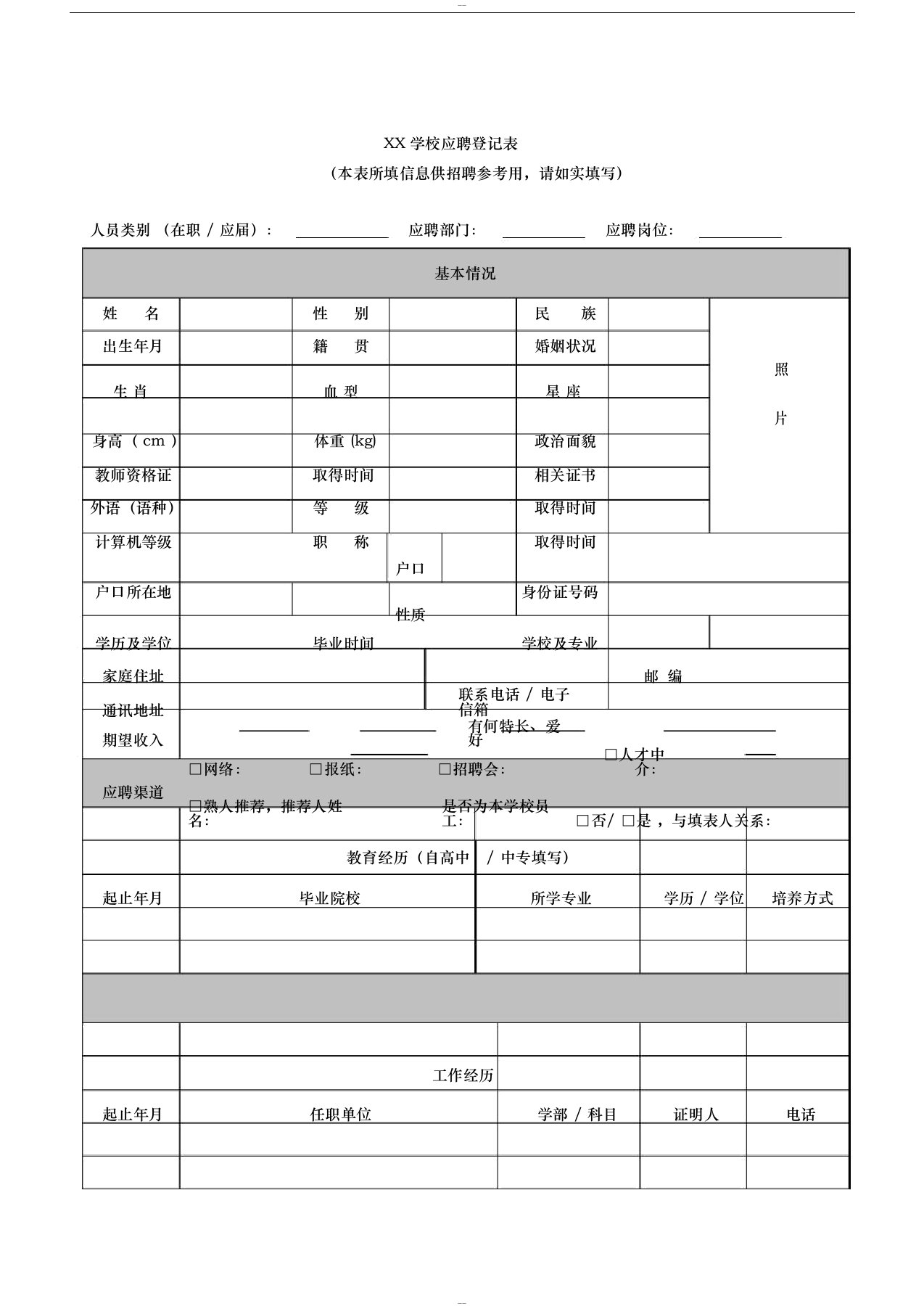 学校教师招聘基本情况登记表