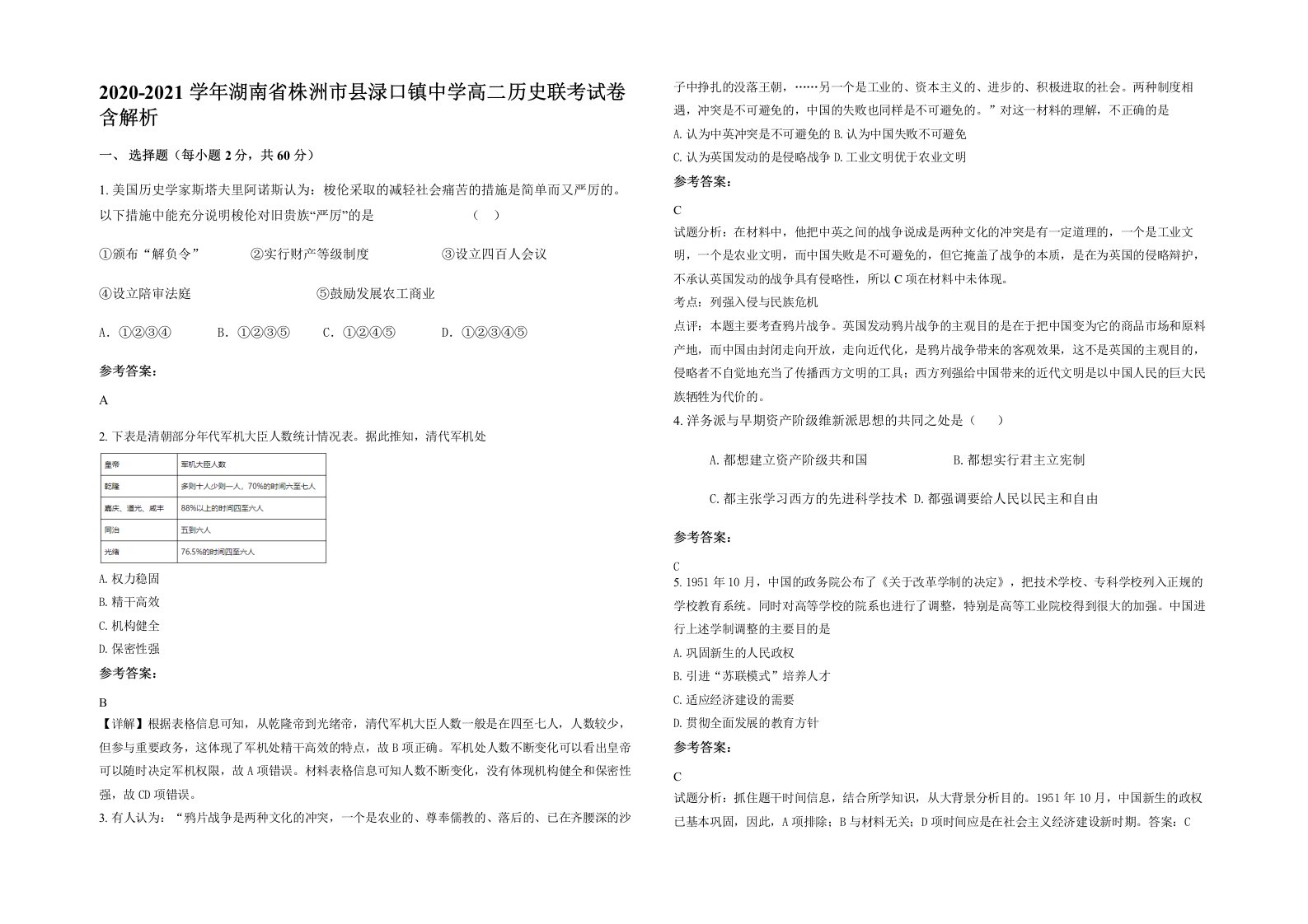 2020-2021学年湖南省株洲市县渌口镇中学高二历史联考试卷含解析