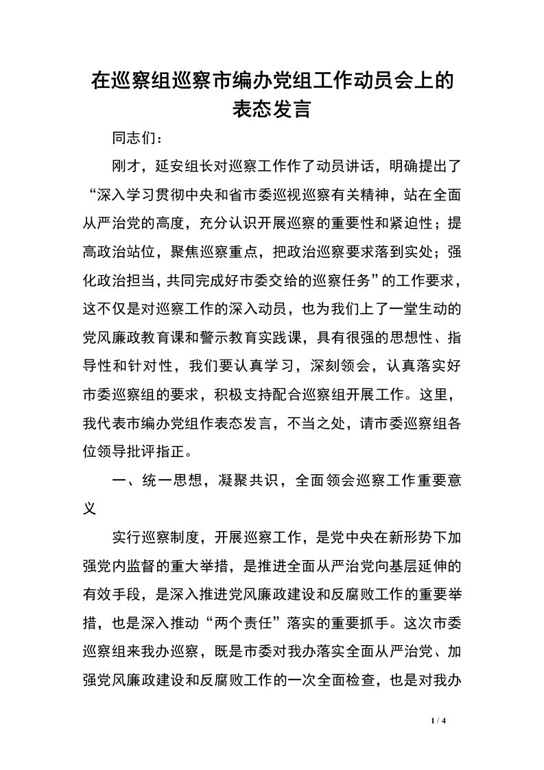 在巡察组巡察市编办党组工作动员会上的表态发言.doc