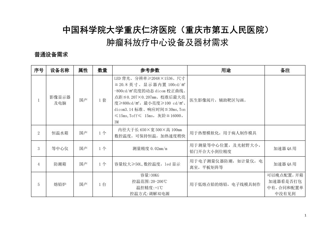 附件肿瘤科放疗中心设备器材需求明细-重庆第五人民医院