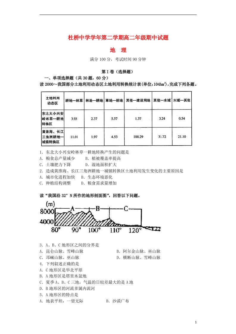 浙江省临海市杜桥中学高二地理下学期期中试题