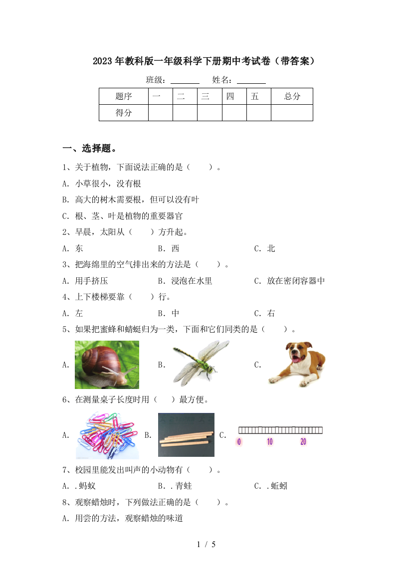 2023年教科版一年级科学下册期中考试卷(带答案)