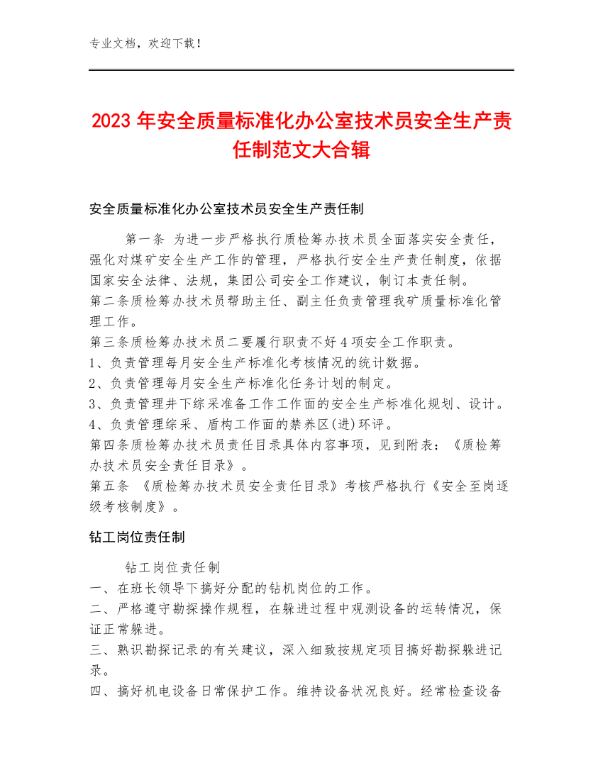 2023年安全质量标准化办公室技术员安全生产责任制范文大合辑