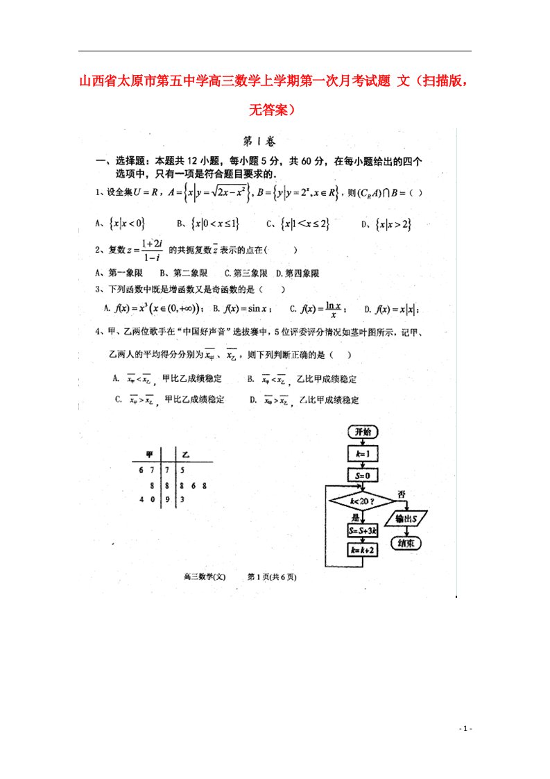 山西省太原市第五中学高三数学上学期第一次月考试题