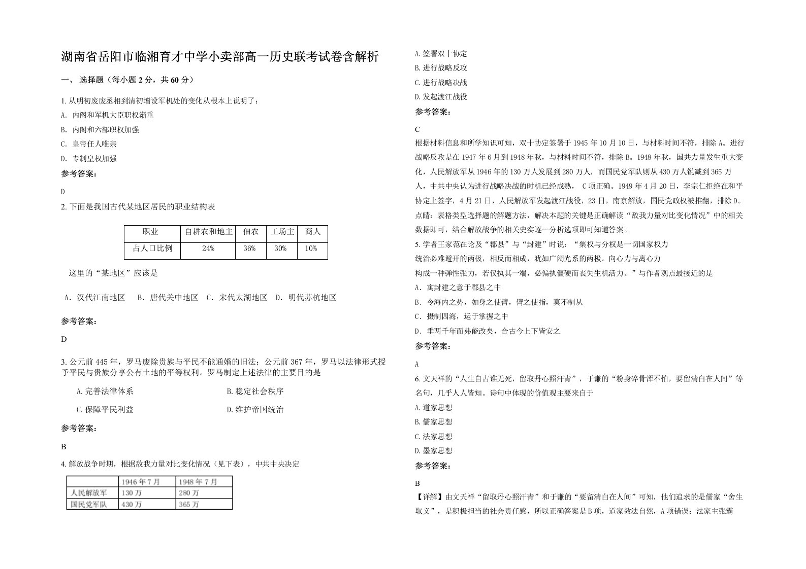 湖南省岳阳市临湘育才中学小卖部高一历史联考试卷含解析