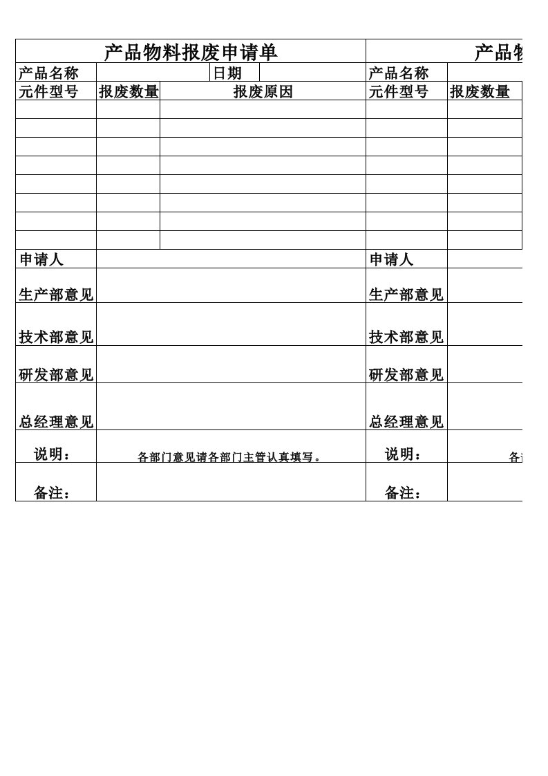 产品物料报废申请单