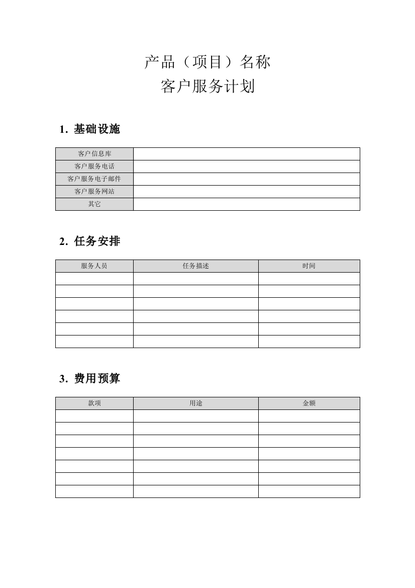 产品（项目）名称客户服务计划