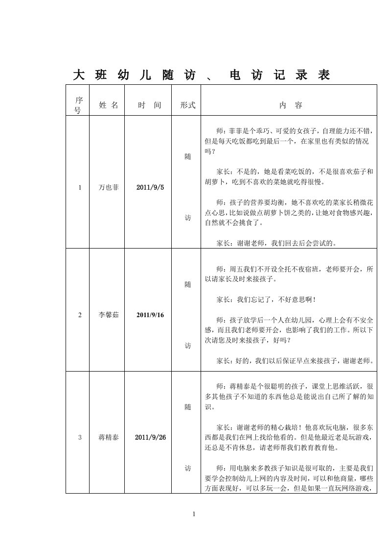 大班幼儿随访、电访记录表