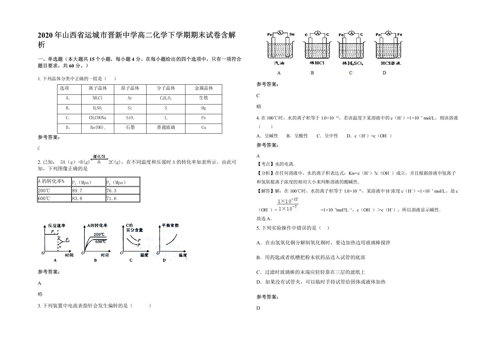 2020年山西省运城市晋新中学高二化学下学期期末试卷含解析