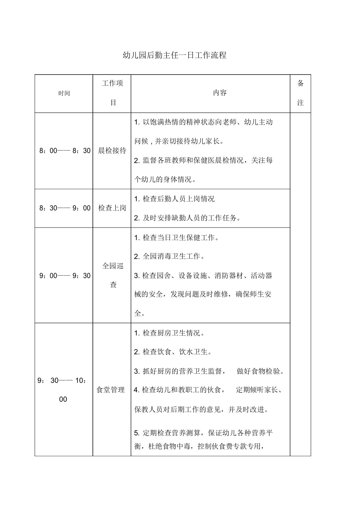 幼儿园后勤主任一日工作流程