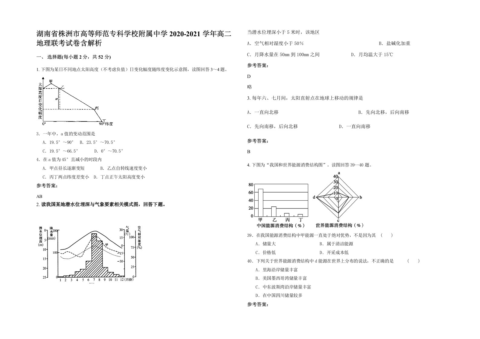 湖南省株洲市高等师范专科学校附属中学2020-2021学年高二地理联考试卷含解析