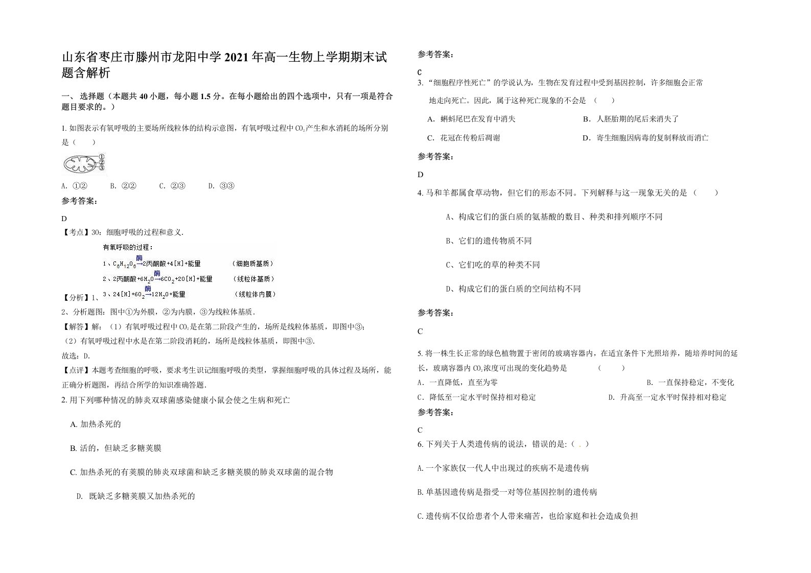 山东省枣庄市滕州市龙阳中学2021年高一生物上学期期末试题含解析