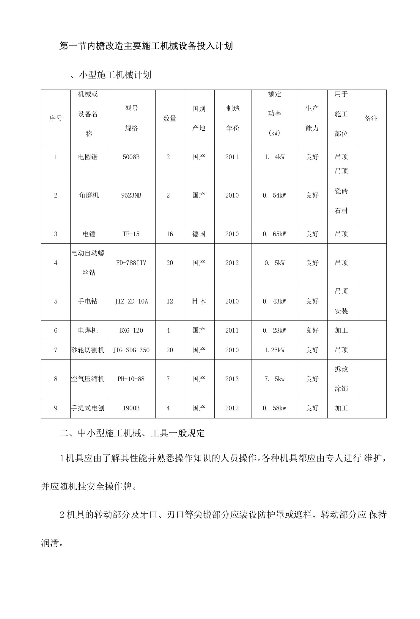 内檐改造主要施工机械设备投入计划