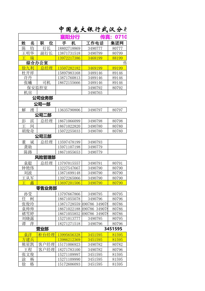 《中国光大银行武汉分行通讯录》