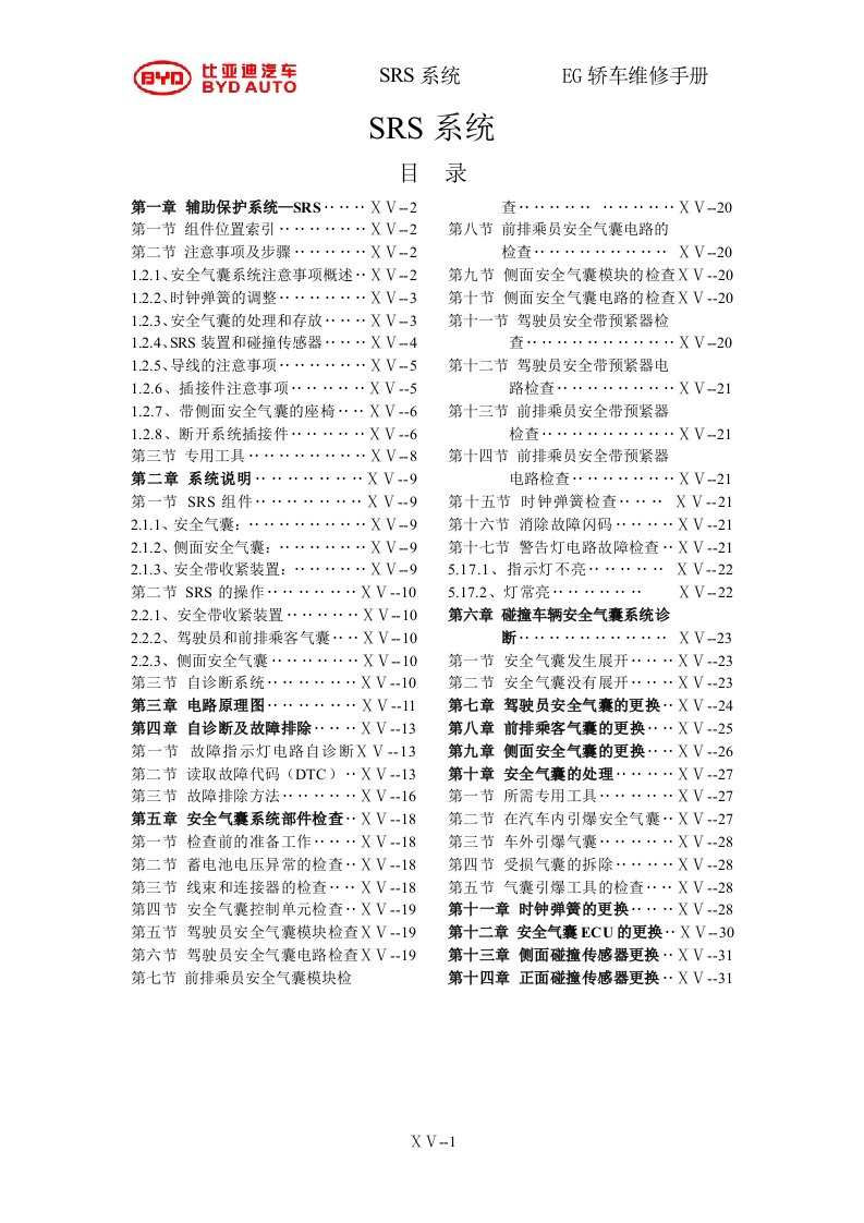 比亚迪F6安全气囊SRS维修手册