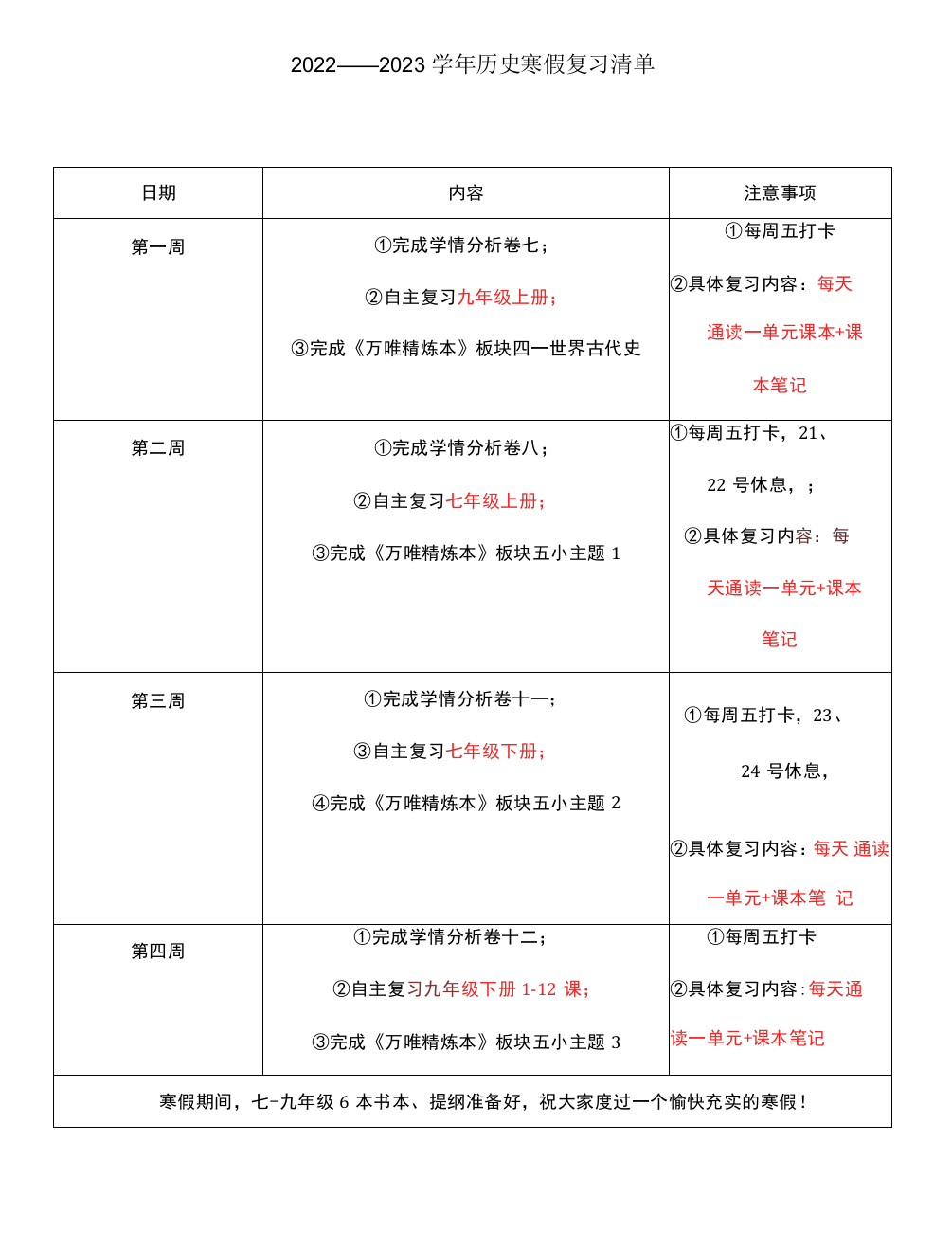 2022——2023学年历史寒假复习清单