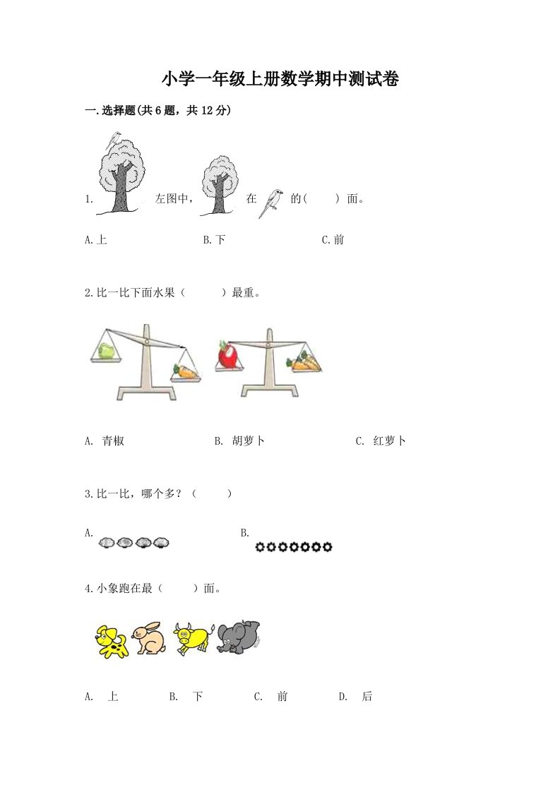 小学一年级上册数学期中测试卷（各地真题）word版