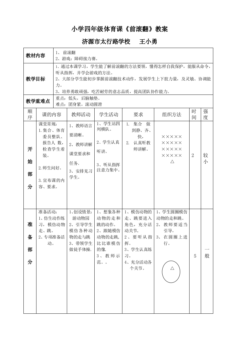 小学四年级前滚翻教案（王小勇）