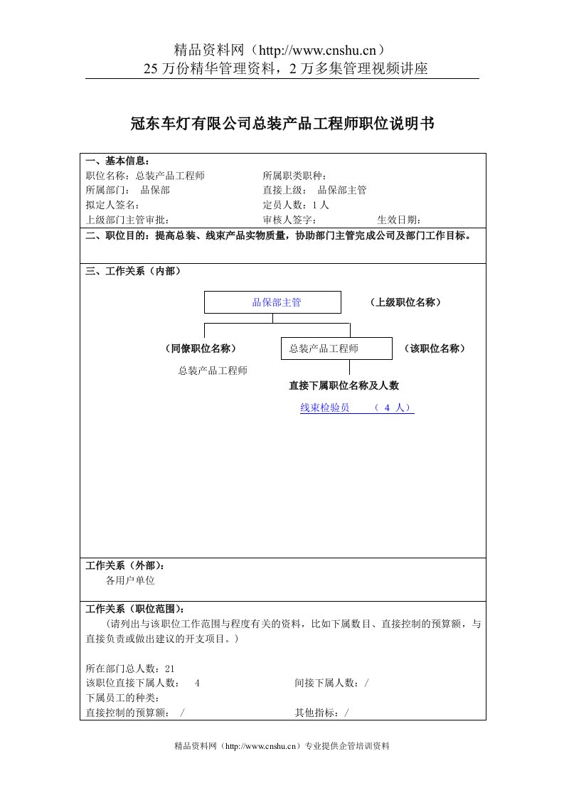 冠东车灯有限公司总装产品工程师职位说明书