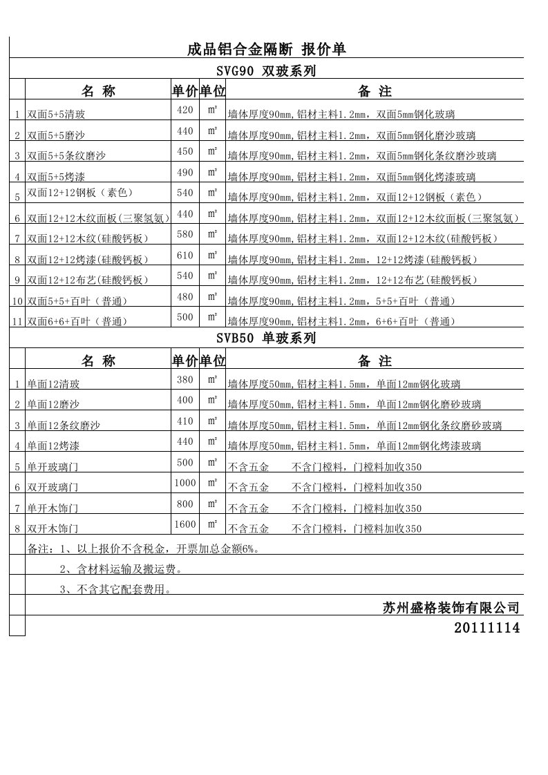 玻璃隔断报价单