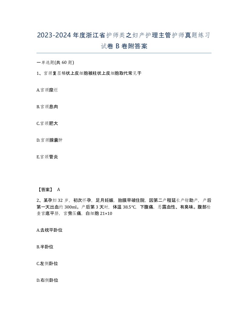 2023-2024年度浙江省护师类之妇产护理主管护师真题练习试卷B卷附答案