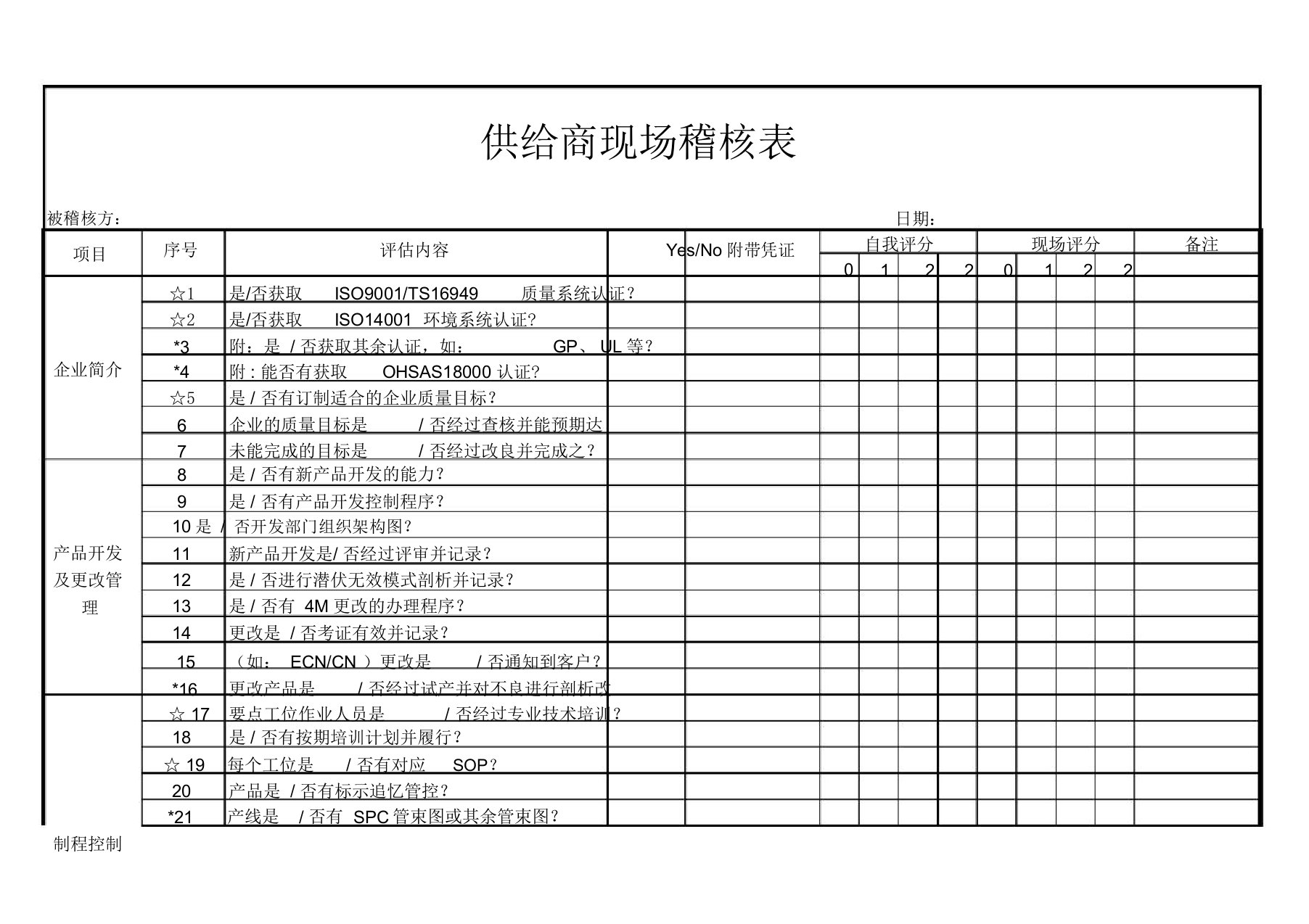 供应商现场稽核表格